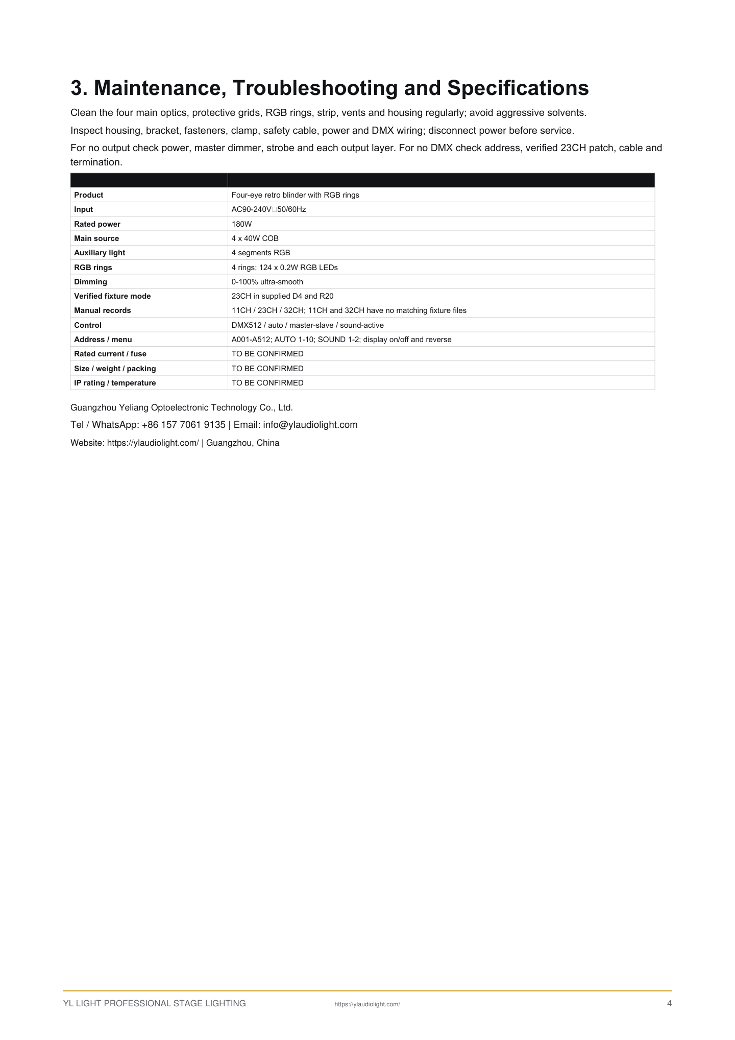 Four-eye retro blinder with RGB auxiliary segments and RGB rings setup and control reference, pages 4 to 4
