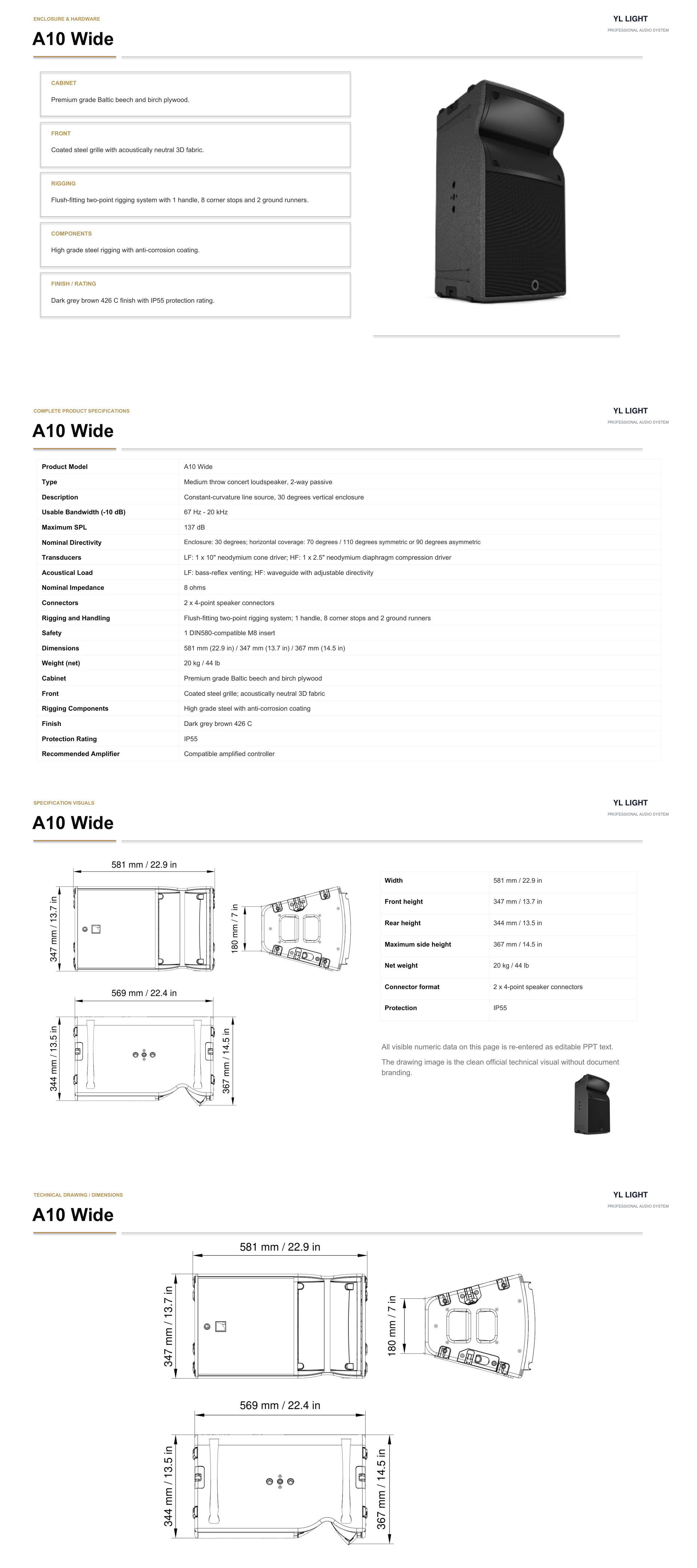 YL A210W complete product guide pages 5-8: enclosure, specifications and dimensional drawings