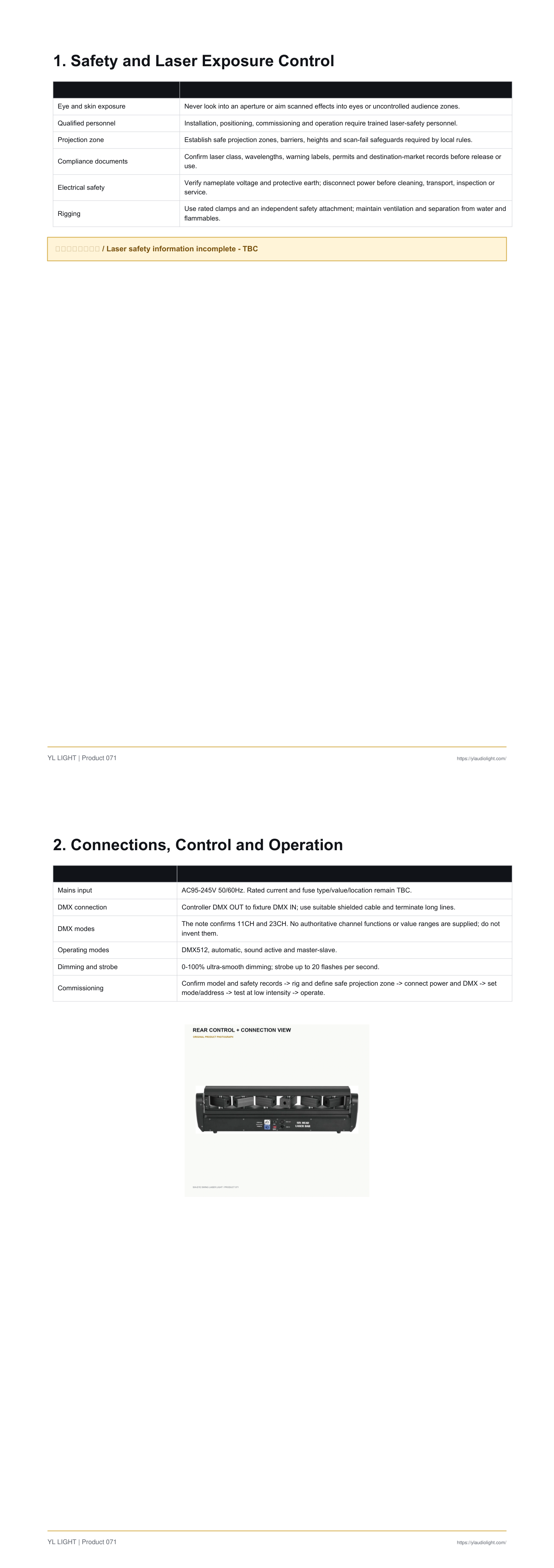 Six Eye Swing Laser Light setup and control reference, pages 2 to 3