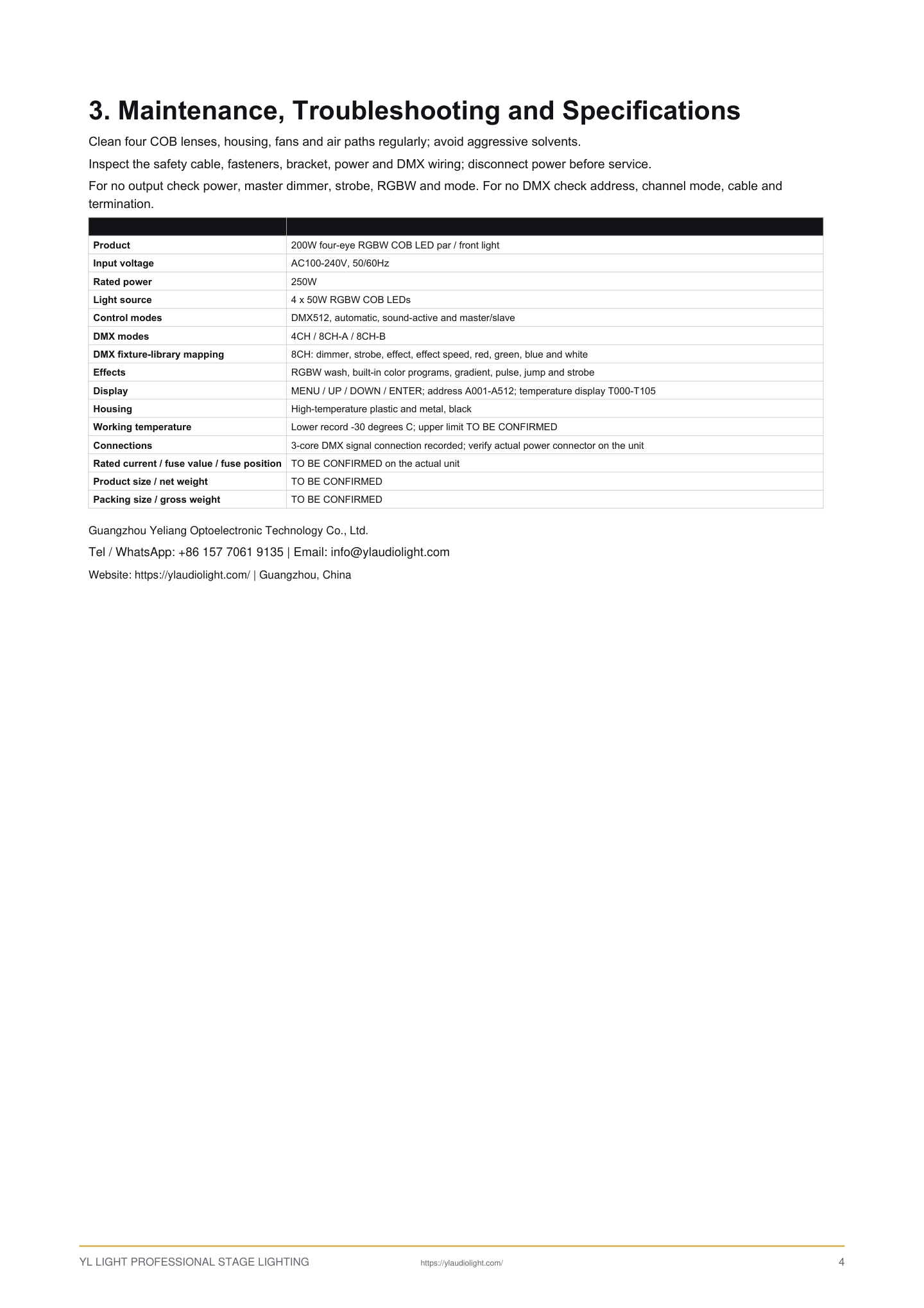 200W Four-Eye RGBW COB LED Par / Front Light - 2026 Edition setup and control reference, pages 4 to 4