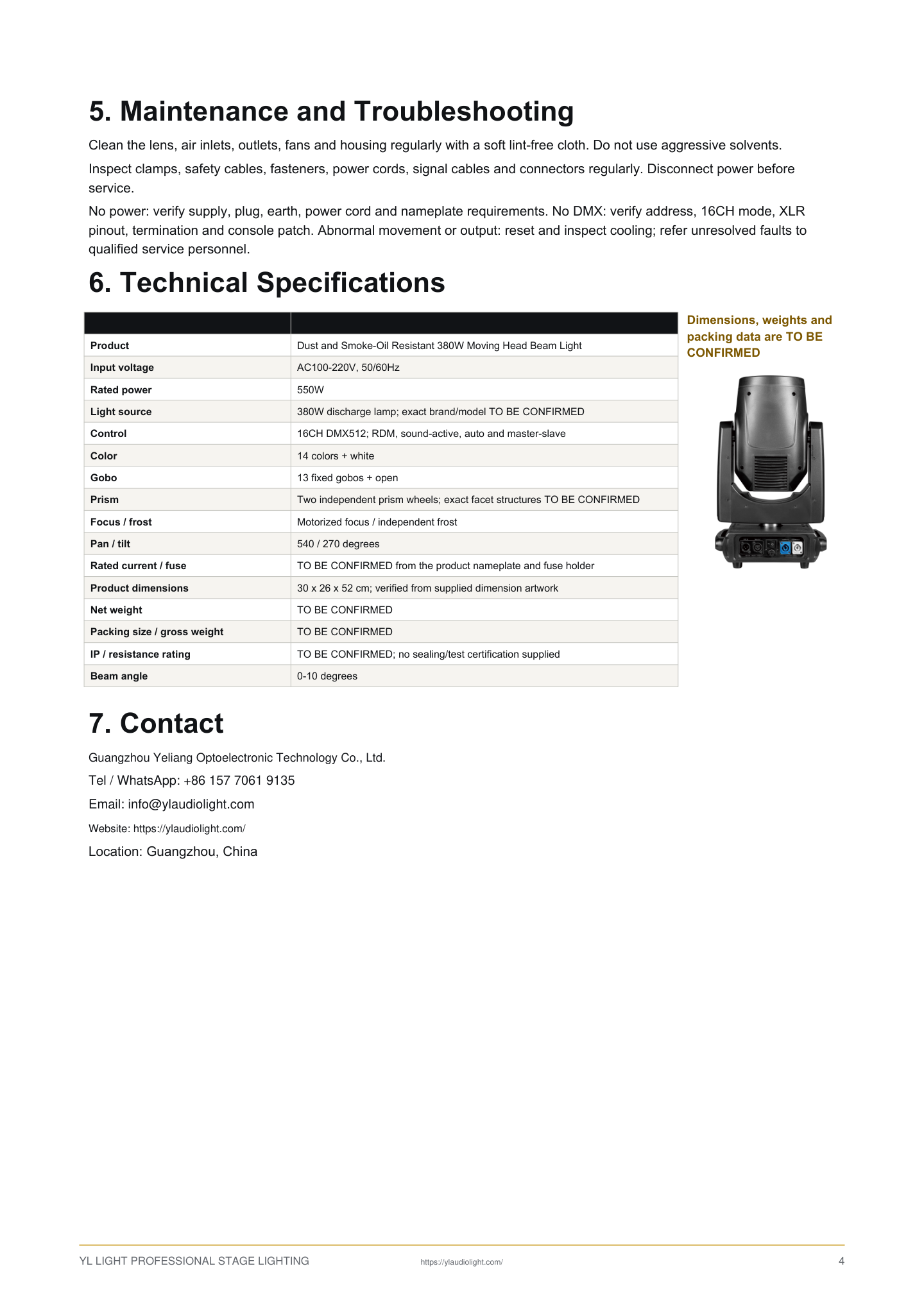 Dust and Smoke-Oil Resistant 380W Moving Head Beam Light setup and control reference, pages 4 to 4