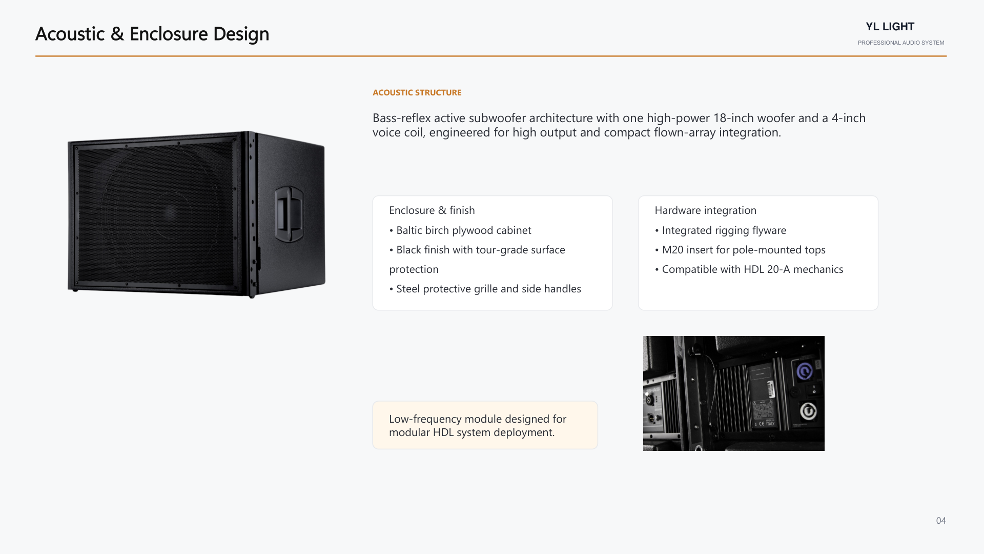 YL DHL18A: Acoustic and enclosure design; product guide page 4