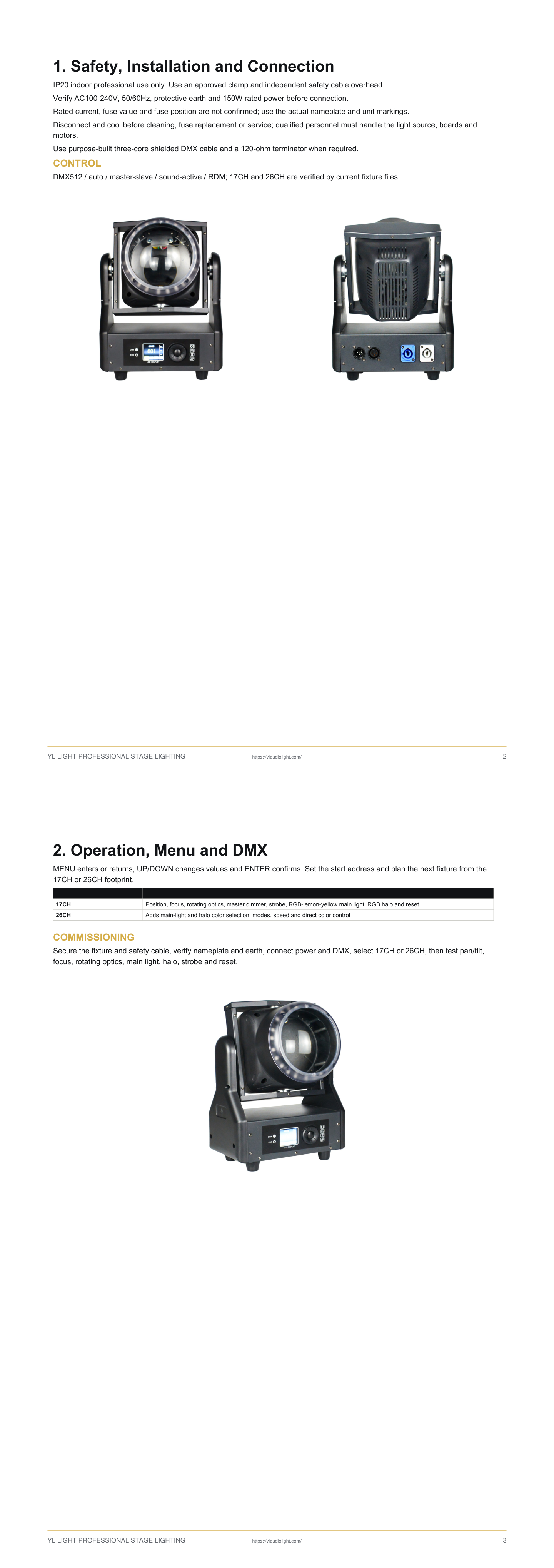 150W kaleidoscope tornado moving head setup and control reference, pages 2 to 3