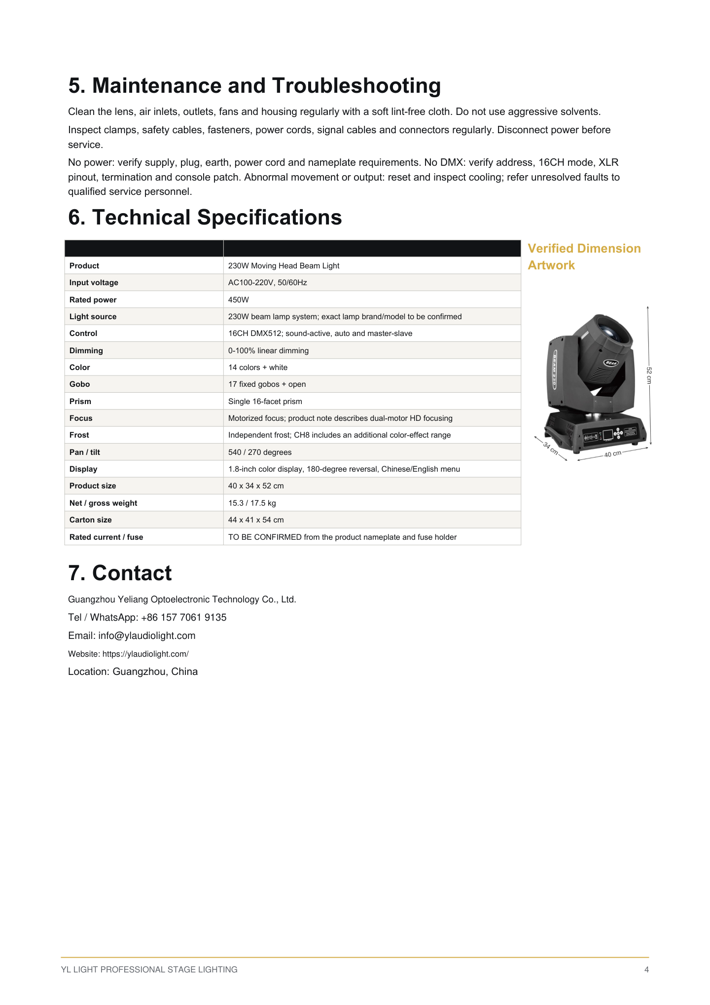 230W Moving Head Beam Light setup and control reference, pages 4 to 4