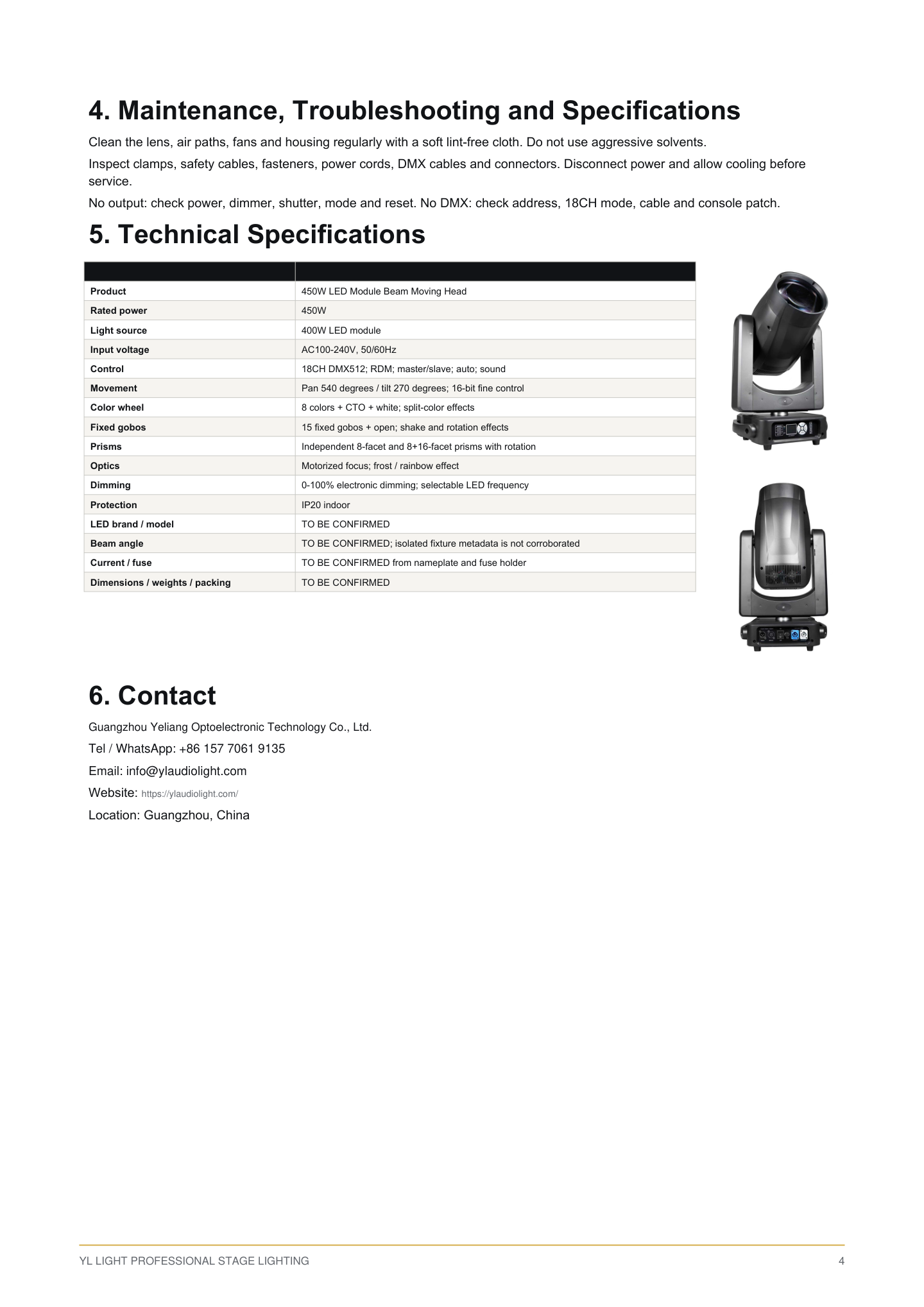 450W LED Module Beam Moving Head setup and control reference, pages 4 to 4